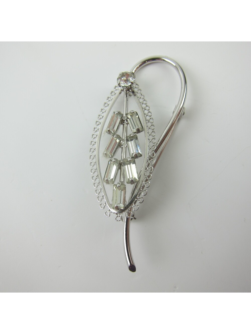 Vintage Curved Leaf Petal Brooch Pin Silver Tone Open Work Filigree Rhinestones